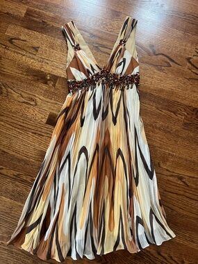 BCBG Maxazaria beaded silk empire waist summer dress with an abstract print